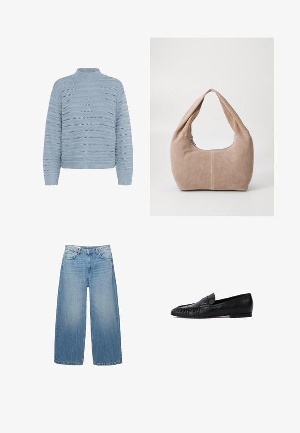 Donkergrijze cropped jas van textuurstof. Voorzien van een hoge kraag, lange mouwen en twee voorkwesten met minimale knoopdetails.; Kaffe Trui - windward blue; Lichtblauwe wijde jeans van denim, met een klassieke vijf-pocketontwerp en een knoopsluiting. Verbleekte textuur overal.; Zwarte leren loafers met een ronde neus, gestikte details aan de voorkant en een platte zool. Minimalistisch ontwerp met een subtiele logo-accent. ; Hobo-tas gemaakt van zacht, suède materiaal in een lichtbeige kleur. Heeft een ronde vorm met een brede schouderband en een ritssluiting.