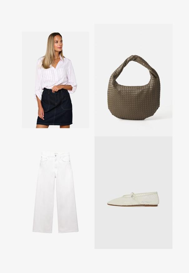 Tmavosivá skrátená bunda vyrobená z texturovanej tkaniny. Má vysoký golier, dlhé rukávy a dve predné vrecká s minimálnymi detailmi na gombíkoch.; Biela košeľa s ružovými pruhmi, kombinovaná s tmavomodrou rifľovou sukňou s vysokým pásom, ktorá má predné vrecká a viditeľné švy.; Biele široké džínsy vyrobené z bavlny, s vysokým pásom, piatimi vreckami a mosadznými doplnkami. Hladká, nedotknutá textúra.; Krémové sieťové baletky s špicatou špičkou a nastaviteľným remienkom. Majú textúrovaný zvršok a plochú hnedú podrážku.; Tkaná olivovo zelená kabelka s zaobleným tvarom a skrútenou rúčkou. Textúrovaný povrch má diagonálny vzor. Zipsové zapínanie.