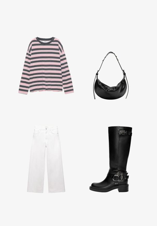 Tummanharmaa lyhyt takki, joka on valmistettu tekstuuritetusta kankaasta. Ominaisuuksiin kuuluu korkea kaulus, pitkät hihat ja kaksi etupussia, joissa on minimaalisen yksinkertaiset napit.; Pitkähihainen toppi, jossa on vaaka-aurinkoraitoja harmaana, vaaleanpunaisena ja valkoisena. Pehmeä kangas, pyöreä pääntie ja rento malli.; Valkoiset leveälahkeiset farkut, jotka on valmistettu puuvillasta, sisältävät korkeavyötärön, viisi taskua ja messinkiset yksityiskohdat. Sujuva, ei kulutettu pinta.; Mustat nahkaiset polvipituiset saappaat, joissa on pyöreä kärki, pinottu korko sekä useita koristeellisia hihnoja hopeasoluilla ja -koristeilla.; Musta nahkainen käsilaukku, jossa on kuun muotoinen rakenne, sileä pinta ja säädettävä hihna, sekä huomaamaton metallitarvikkeet. Vetoketju on näkyvissä.