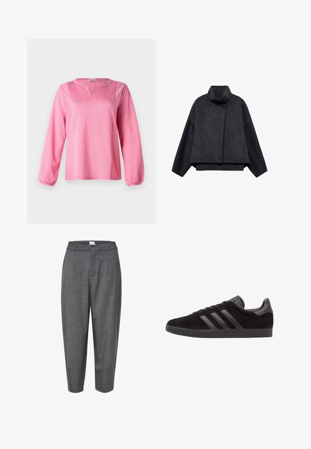 Donkergrijze cropped jas van textuurstof. Voorzien van een hoge kraag, lange mouwen en twee voorkwesten met minimale knoopdetails.; Roze gestreepte blouse met lange mouwen en V-hals, voorzien van geplooide manchetten en een losse pasvorm, gemaakt van een gladde stof.; Grijze, taps toelopende broek gemaakt van textuurstof; heeft plooien en een gladde tailleband met een verborgen sluiting.; Zwarte suède sneakers met een gestructureerde rubberen zool, voorzien van drie zwarte leren strepen, een ronde neus en een gewatteerde enkelsok.