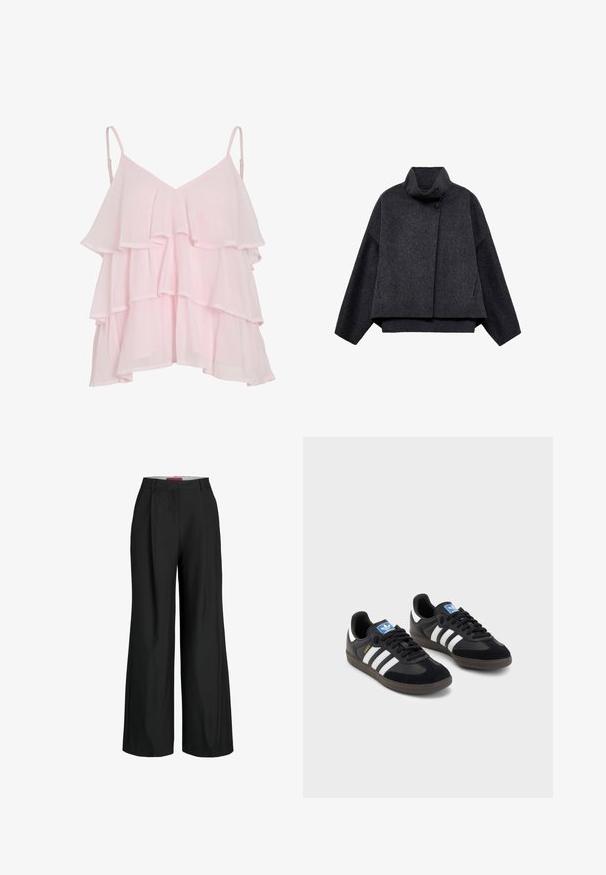 Czarnoszary krótki płaszcz wykonany z teksturowanej tkaniny. Posiada wysoki kołnierz, długie rękawy i dwie przednie kieszenie z minimalnymi detalami guzików.; Jasnoróżowa, warstwowa bluzka bez rękawów z regulowanymi cienkimi ramiączkami i zwiewnym, falbaniastym wzorem.; Czarne spodnie o szerokich nogawkach z dopasowanym krojem, z plisami i gładką fakturą materiału. Czyste linie i brak widocznych elementów metalowych lub akcentów.; Czarne sneakersy z zamszową i syntetyczną cholewką, wyposażone w trzy białe paski, teksturowaną gumową podeszwę oraz niebieską metkę z logo na języku.