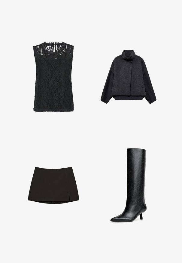 Tummanharmaa lyhyt takki, joka on valmistettu tekstuuritetusta kankaasta. Ominaisuuksiin kuuluu korkea kaulus, pitkät hihat ja kaksi etupussia, joissa on minimaalisen yksinkertaiset napit.; Mustat pitsiset topit ilman hihoja, jossa on kukkakuvio, aaltoileva kaula-aukko ja avonainen selkä. Kevyt kangas, jossa on teksturoitu pinta.; Musta minihame, valmistettu sileästä kankaasta, suora malli sivuhaara leikattuna ja siisti helma. Yksinkertainen ja monipuolinen.; Musta polvenkorkuinen saapas, joka on valmistettu teksturoidusta nahasta. Varustettu teräväkärkisellä muotilla ja pienellä levenevällä korolla. Suora, sileä muotoilu, jossa on minimaalinen koristelu.