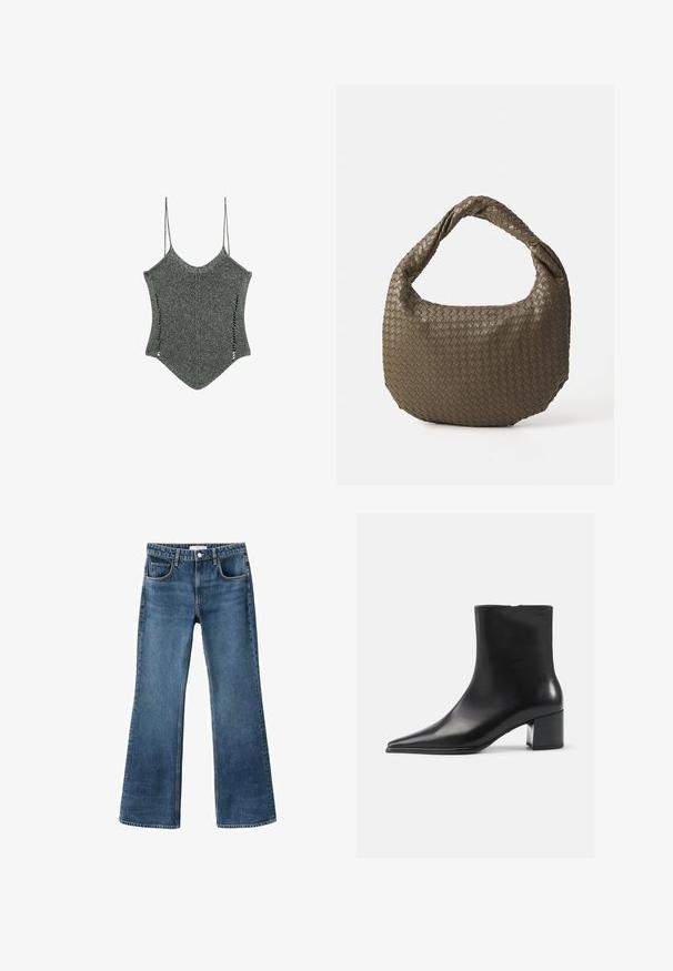 Dark gray cropped jacket made from textured fabric. Features a high collar, long sleeves, and two front pockets with minimal button details.; Knitted gray top with thin straps, featuring a unique pointed hem and side cutouts, showcasing a textured fabric design.; Flared blue denim jeans with a mid-rise waist, five pockets, and a distressed texture. Finished hems and a classic button closure.; Black leather ankle boot with a pointed toe, smooth texture, and a mid-block heel. Minimalist design, zipper closure at the back.; Woven olive green handbag with a rounded shape and a twisted handle. Textured surface features a diagonal pattern. Zipper closure.