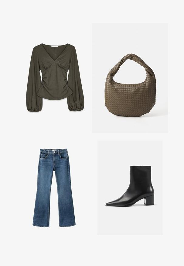 Donkergrijze cropped jas van textuurstof. Voorzien van een hoge kraag, lange mouwen en twee voorkwesten met minimale knoopdetails.; Olijfgroene blouse met textuur, lange poeffmouwen, V-hals, gerimpeld lijfje en een licht uitlopende zoom.; Flared blauwe spijkerbroek met een middelhoge taille, vijf zakken en een verwoeste textuur. Afgewerkte zoom en een klassieke knoopsluiting.; Zwarte leren enkellaars met een spitse neus, een soepele textuur en een middenblokhak. Minimalistisch ontwerp, ritssluiting aan de achterkant.; Geweven olijfgroene handtas met een ronde vorm en een gedraaide handgreep. De textuur heeft een diagonaal patroon. Ritssluiting.