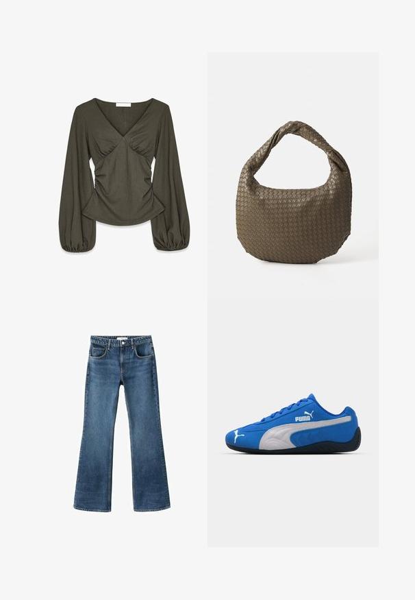 Donkergrijze cropped jas van textuurstof. Voorzien van een hoge kraag, lange mouwen en twee voorkwesten met minimale knoopdetails.; Olijfgroene blouse met textuur, lange poeffmouwen, V-hals, gerimpeld lijfje en een licht uitlopende zoom.; Flared blauwe spijkerbroek met een middelhoge taille, vijf zakken en een verwoeste textuur. Afgewerkte zoom en een klassieke knoopsluiting.; Blauwe sportieve schoenen met een bovenkant van suède, voorzien van een witte zijkant en een zwarte rubberen zool. Inclusief een verhoogd PUMA-logo aan de zijkant.; Geweven olijfgroene handtas met een ronde vorm en een gedraaide handgreep. De textuur heeft een diagonaal patroon. Ritssluiting.