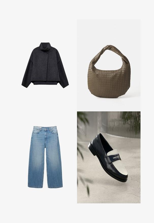 Veste cropped gris foncé en tissu texturé. Dotée d'un col haut, de manches longues et de deux poches avant avec des détails de bouton minimalistes.; Maillot de bain une pièce noir avec un décolleté en V profond et des bretelles croisées dans le dos. Fabriqué en tissu lisse avec un design ajusté et élégant.; Jean large bleu clair en denim, avec un design classique à cinq poches et une fermeture à bouton. Texture usée sur l'ensemble.; Mocassin en cuir noir et blanc avec des coutures décoratives, flottant au-dessus d'un sol en béton avec des plantes floues en arrière-plan.; Sac à main en olive tissé de forme arrondie avec une poignée torsadée. La surface texturée présente un motif diagonal. Fermeture zippée.