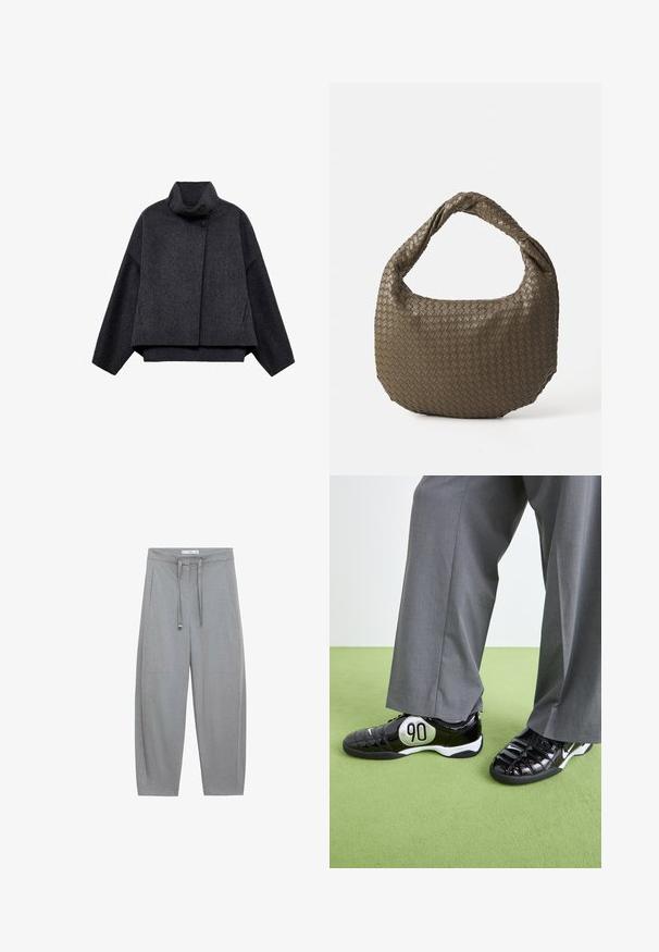 Donkergrijze cropped jas van textuurstof. Voorzien van een hoge kraag, lange mouwen en twee voorkwesten met minimale knoopdetails.; Zwarte eenpiece badpak met een diepe V-hals en gekruiste rugbanden. Gemaakt van gladde stof met een strakke, aansluitende pasvorm.; Grijze, wijde broek met een textuurstof, trekkoord in de taille en twee voorzakken; op maat gemaakte ontwerp met een minimalistische stijl.; Zwarte gepatineerde leren sneakers met een zilveren "90" detail, met een textuur oppervlak en vetersluiting, gecombineerd met grijze wijde broeken.; Geweven olijfgroene handtas met een ronde vorm en een gedraaide handgreep. De textuur heeft een diagonaal patroon. Ritssluiting.