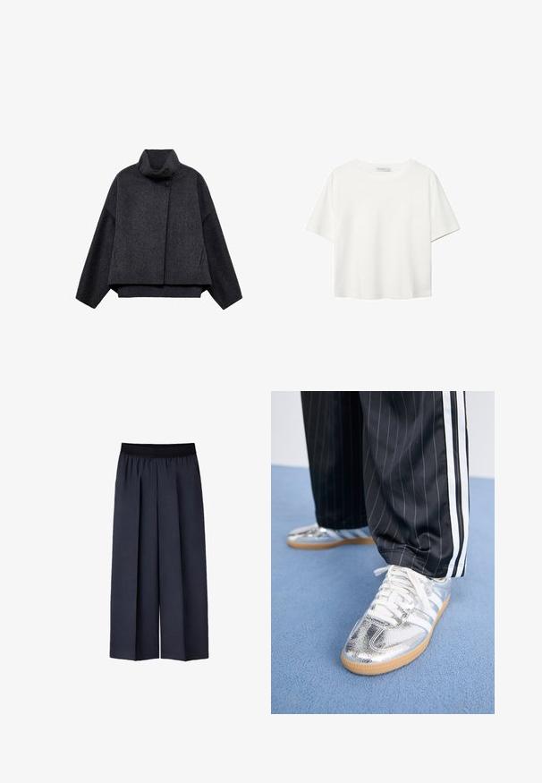 Donkergrijze cropped jas van textuurstof. Voorzien van een hoge kraag, lange mouwen en twee voorkwesten met minimale knoopdetails.; Witte korte mouwen t-shirt van katoen. Heeft een ronde halslijn en een ontspannen pasvorm. Glad textuur zonder zichtbare patronen of accenten.; Donkerblauwe wijde broek met een zwarte elastische tailleband, voorzien van voorplooien en een gladde textuur.; Metalen zilveren sneakers met witte veters en drie witte strepen, gecombineerd met zwarte streepd pants. Gumaansluiting accent aan de onderkant.