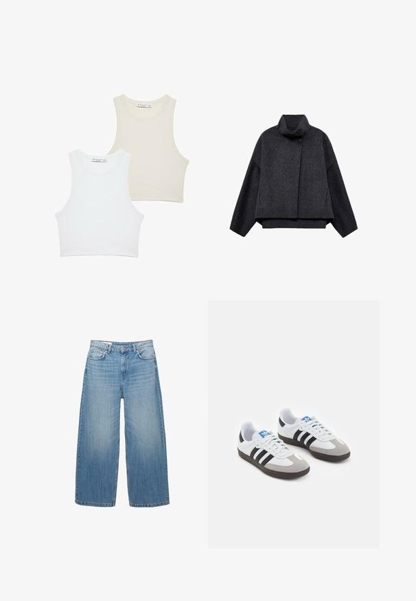 Tummanharmaa lyhyt takki, joka on valmistettu tekstuuritetusta kankaasta. Ominaisuuksiin kuuluu korkea kaulus, pitkät hihat ja kaksi etupussia, joissa on minimaalisen yksinkertaiset napit.; Kaksi uritettua lyhyttä toppia, yksi valkoisena ja toinen vaaleabeigeenä, laajoilla hihanauhoilla ja pyöreällä kaula-aukolla. Molemmissa on yksinkertainen muotoilu.; Vaaleansinisiä leveälahkeisia farkkuja, joissa on klassinen viisipesäinenn tyyli ja nappikiinnitys. Haalistunut pinta kauttaaltaan.; Urheilukengät, joissa on valkoinen nahkainen päällinen, harmaa mokkanokka ja kolme mustaa raitaa. Ominaisuuksina sininen logo kielekkeessä ja kuvioitu kumipohja.