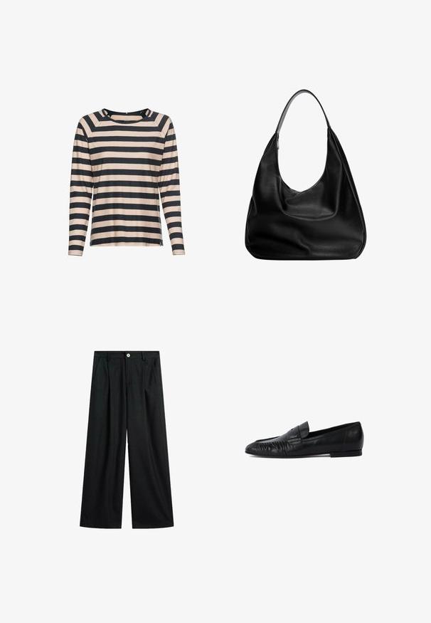 Dunkelgraue cropped Jacke aus strukturiertem Stoff. Sie hat einen hohen Kragen, lange Ärmel und zwei vordere Taschen mit minimalen Knopfdetails.; Langarmshirt mit rundem Ausschnitt, ausgestattet mit breiten horizontalen Streifen in Marineblau und hellem Beige. Weicher Stoff mit lockerer Passform.; Schwarze weite Hose mit dezenten Nadelstreifen, vorderem Knopfverschluss, Gürtelschlaufen und seitlichen Taschen, flach auf weißem Hintergrund ausgelegt.; Schwarze Lederloafers mit runder Zehe, gestickten Details an der Vorderseite und flacher Sohle. Minimalistisches Design mit dezentem Logoakzent.; Schwarze Leder-Hobo-Tasche mit einem lässigen Design, breitem Schultergurt und glatter Textur. Verfügt über einen seitlichen Reißverschluss.