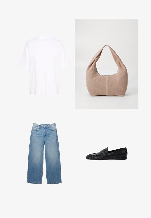 Temno siva jakna skrajšane dolžine, izdelana iz teksturirane tkanine. Ima visok ovratnik, dolge rokave in dve sprednji žepki z minimalnimi podrobnostmi gumbov.; Bela majica iz mehkega bombaža, z okroglim izrezom, ohlapnimi kratkimi rokavi in ravnim robom, brez vidnih vzorcev ali okrasnih elementov.; Svijetloplave široke traperice napravljene odDenima, s klasičnim dizajnom pet džepova i zatvaranjem na gumbe. Ispucala tekstura kroz cijelu površinu.; Črni usnjeni loafers čevlji z zaobljenim nosom, šivani detajli spredaj in ravnim podplatom. Minimalistična zasnova z diskretnim logotipom.; Hobo torba iz mehkega, usnjeno podobnega materiala v svetlo bež barvi. Ima okroglo obliko, širok trak in zadrgo.