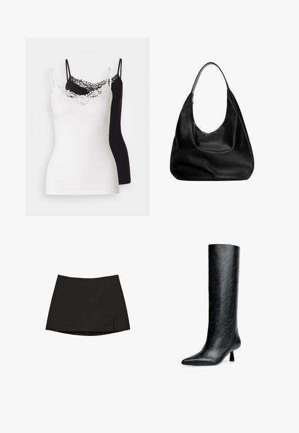 Dark gray cropped jacket made from textured fabric. Features a high collar, long sleeves, and two front pockets with minimal button details.; Two camisole tops, one white and one black, with adjustable straps. The white top features a lace trim along the neckline. Smooth texture.; Black mini skirt made from smooth fabric, featuring a straight design with side slits and a clean hem. Simple and versatile.; Black knee-high boot made from textured leather. Features a pointed toe and a small, flared heel. Sleek, smooth design with minimal accents.; Black leather hobo bag with a slouchy design, wide shoulder strap, and smooth texture. Features a single zip closure on the side.