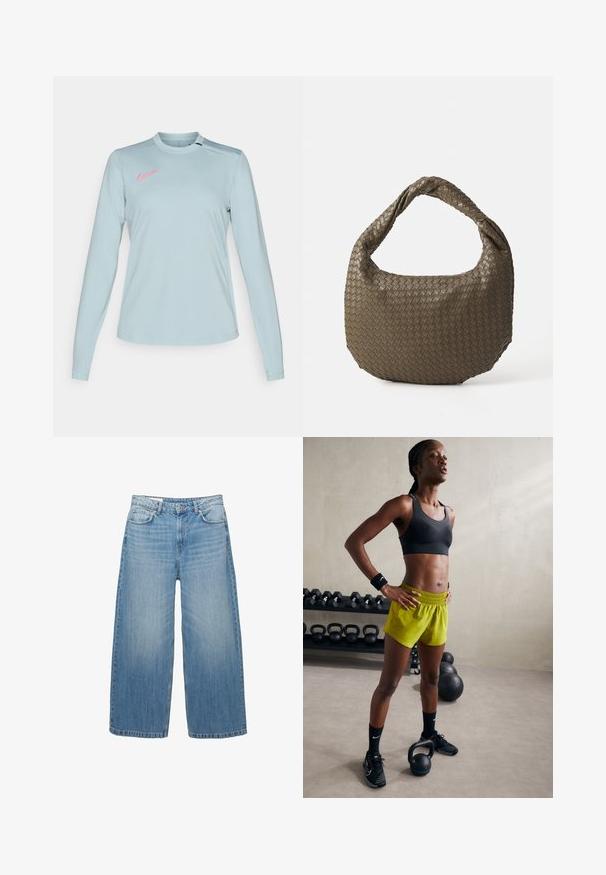 Dunkelgraue cropped Jacke aus strukturiertem Stoff. Sie hat einen hohen Kragen, lange Ärmel und zwei vordere Taschen mit minimalen Knopfdetails.; Hellblaues Nike Langarmshirt mit Rundkragen, das ein pinkes Logo auf der linken Schulter und einen glatten, strukturierten Stoff aufweist.; Hellblaue weite Jeans aus Denim, mit einem klassischen Fünf-Taschen-Design und einem Knopfverschluss. Im ganzen Stoff mit einem verwaschenen Look.; Schwarzer Sport-BH, leuchtend gelbe Shorts mit elastischem Bund, schwarze Sportschuhe und Handgelenkbandagen, stehend neben Kettlebells.; Geflochtene olivgrüne Handtasche mit runder Form und gedrehter Tragegriff. Strukturiert Oberfläche mit diagonaler Musterung. Reißverschlussverschluss.