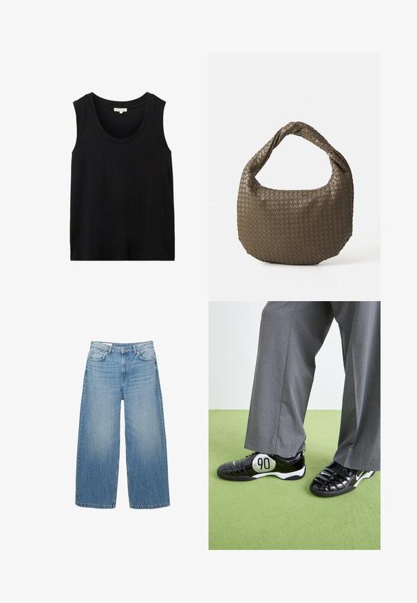 Dunkelgraue cropped Jacke aus strukturiertem Stoff. Sie hat einen hohen Kragen, lange Ärmel und zwei vordere Taschen mit minimalen Knopfdetails.; Schwarzes ärmelloses Tanktop mit rundem Ausschnitt. Hergestellt aus einem glatten Stoff, mit einem lockeren Schnitt und ohne sichtbare Muster oder Akzente.; Hellblaues Langarmhemd mit button-down Kragen, einer Brusttasche und einem lockeren Schnitt. Glatte Stoffstruktur und klassisches Design.; Hellblaue weite Jeans aus Denim, mit einem klassischen Fünf-Taschen-Design und einem Knopfverschluss. Im ganzen Stoff mit einem verwaschenen Look.; Schwarze Lackledersneaker mit einem silbernen "90"-Detail, ausgestattet mit einer strukturierten Oberfläche und Schnürdesign, kombiniert mit grauen weit geschnittenen Hosen.; Geflochtene olivgrüne Handtasche mit runder Form und gedrehter Tragegriff. Strukturiert Oberfläche mit diagonaler Musterung. Reißverschlussverschluss.