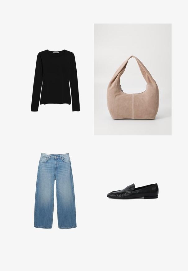 Dark gray cropped jacket made from textured fabric. Features a high collar, long sleeves, and two front pockets with minimal button details.; Black long-sleeve shirt made of soft fabric, featuring a round neckline and a straight cut with slight side slits at the hem.; Light blue wide-leg jeans made of denim, featuring a classic five-pocket design and a button closure. Faded texture throughout.; Black leather loafers with a rounded toe, stitched detailing on the front, and a flat sole. Minimalist design with a subtle logo accent.; Hobo bag made of soft, suede material in a light beige color. Features a rounded shape with a wide strap and zip closure.