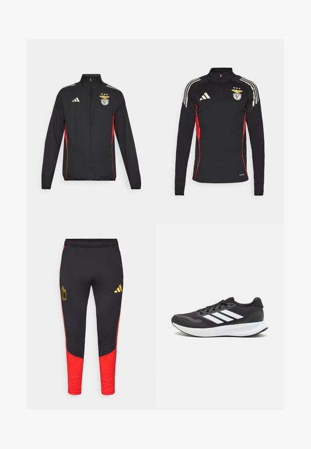 Svart treningsjakke med røde detaljer, hel glidelås, høy krage, tre hvite striper på skuldrene, og Benfica-logo med stjerner.; Svart langermet sportstrøye med røde sideakenter, halv-glidelås krage, tre hvite striper på skuldrene og brodert logo på brystet.; Svarte treningsbukser med røde sidepaneler, med en gull logo på venstre lår og en gul Adidas-logo på høyre bein.; Svarte sportsko med pustende mesh-overdel, hvite detaljer og en polstret såle. Har tre striper-logo på siden.