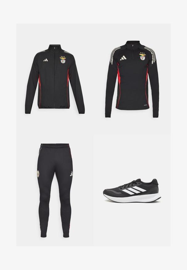 Fekete sportdzseki piros részletekkel, teljes cipzárral, magas gallérral, a vállakon három fehér csíkkal és a Benfica címerével, amelyen csillagok találhatók.; Fekete, hosszú ujjú sportpóló piros oldalsó betétekkel, félig cipzáros gallérral, három fehér csíkkal a vállakon és hímzett logóval a mellkason.; Fekete sportleggings, testre simuló kialakítással, arany emblémával, fehér Adidas logóval és piros díszcsíkokkal az oldalán.; Fekete sportcipő légáteresztő hálós felsőrésszel, fehér kiegészítőkkel és párnázott talppal. Az oldalon három csíkkal ellátott logó található.