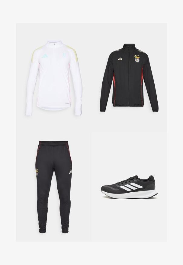 Sort atletisk jakke med røde accenter, fuld lynlås, høj krave, tre hvide striber på skuldrene og Benfica-crest med stjerner.; Hvid langærmet atletiktop med halv-zip, gule skulderstriber, mintgrønne detaljer og pink sidesømme. Har Aeroready branding.; Sorte træningsbukser med røde sidelommer, der har et logo og tre stjerner foran. Lavet af et blødt, strækbart materiale.; Sort atletik sko med åndbart mesh-overdel, hvide accenter og en polstret sål. Har tre-stripes logo på siden.