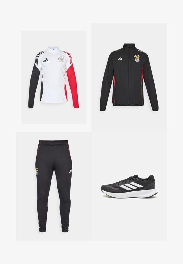 Sort atletisk jakke med røde accenter, fuld lynlås, høj krave, tre hvide striber på skuldrene og Benfica-crest med stjerner.; Hvid atletisk pullover med sorte og røde accenter, har en kvart lynlås krave, lange ærmer og et cirkulært logo på brystet.; Sorte træningsbukser med røde sidelommer, der har et logo og tre stjerner foran. Lavet af et blødt, strækbart materiale.; Sort atletik sko med åndbart mesh-overdel, hvide accenter og en polstret sål. Har tre-stripes logo på siden.