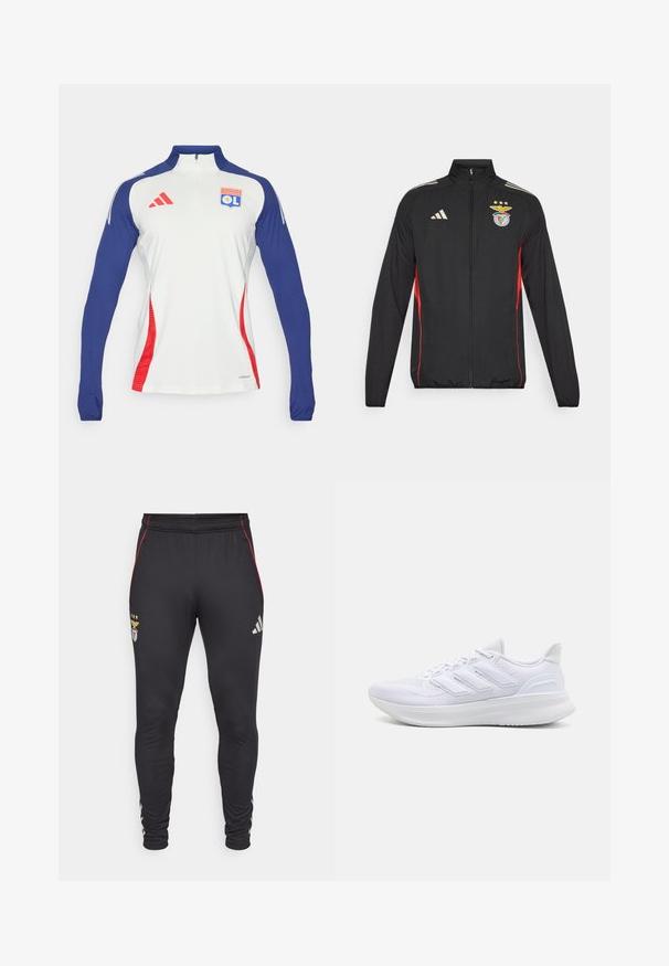 Čierna atletická bunda s červenými akcentmi, plný zips, vysoký golier, tri biele pruhy na pleciach a znak Benfica so hviezdami.; Dlhý rukáv, biely športový dres s námornícko modrými rukávmi a červenými akcentami. Obsahuje golier so zipsom a logo Olympique Lyonnais na hrudi.; Čierne športové nohavice s červenými bočnými pruhmi, s logom a tromi hviezdami na prednej strane. Vyrobené z mäkkého, elastického materiálu.; Biele športové topánky s textúrovanou sieťovinou na vrchu, podpornou a polstrovanou podrážkou a trojpruhovým dizajnom na boku.