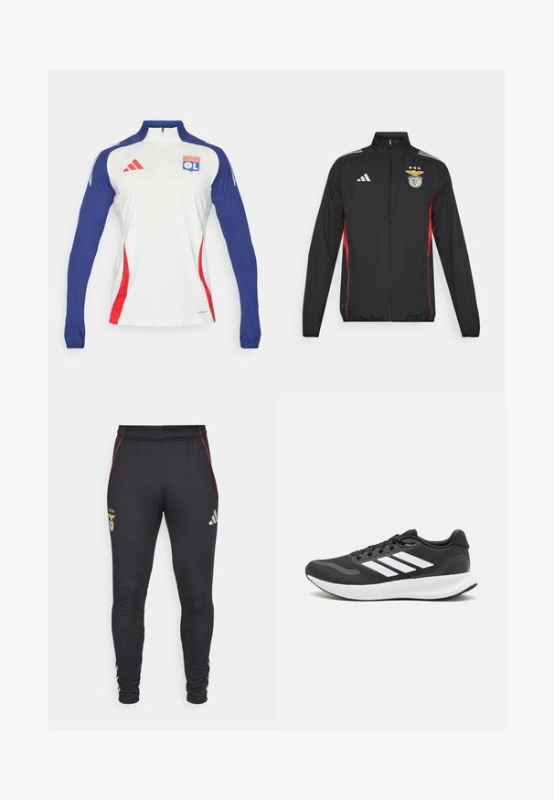 Musternöödiga must sportlik jope punaste aktsentidega, täispikk tõmbenupp, kõrge kaelus, kolm valget triipu õlgadel ja Benfica sümbol koos tähtedega.; Pikkade varrukatega valge spordipusa, millel on tumesinised varrukad ja punased detailid. Omab tõmblukuga kaelust ja rindkeres on Olympique Lyonnais'i logo.; Mustad must püksid punaste külgribadega, esiosas logo ja kolme tähega. Valmistatud pehmest, venivast materjalist.; Mustmust valmistatud õhulise võrgu ülemise osa, valgete aktsentidega ja pehme tallaga must sportlik king. Küljel on kolm triipu kujutav logo.