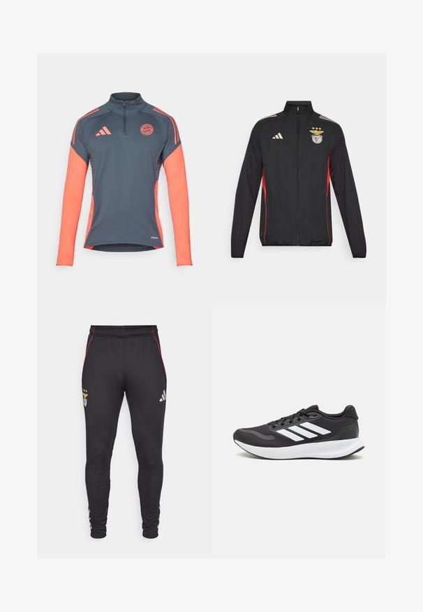 Giacca sportiva nera con accenti rossi, zip completa, collo alto, tre strisce bianche sulle spalle e stemma del Benfica con stelle.; Maglietta sportiva grigia a maniche lunghe con zip a un quarto, dettagli corallo su spalle e maniche, e logo del Bayern Monaco sul petto. Tecnologia Aeroready.; Pantaloni sportivi neri con strisce laterali rosse, caratterizzati da un logo e tre stelle sul davanti. Realizzati in un materiale morbido ed elastico.; Scarpa sportiva nera con tomaia in mesh traspirante, dettagli bianchi e suola ammortizzata. Presenta il logo con tre strisce sul lato.