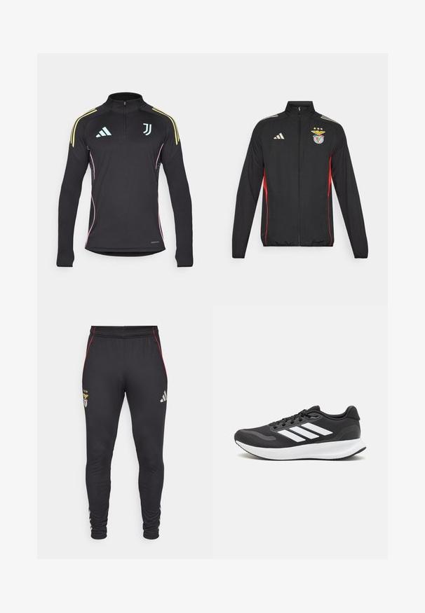 Black athletic jacket with red accents, full zip, high collar, three white stripes on shoulders, and Benfica crest with stars.; Black long-sleeve training top with a half zip, yellow shoulder stripes, pink side accents, and light blue logo detail on the chest.; Black athletic pants with red side stripes, featuring a logo and three stars on the front. Made from a soft, stretchy material.; Black athletic shoe with breathable mesh upper, white accents, and a cushioned sole. Features three stripes logo on the side.