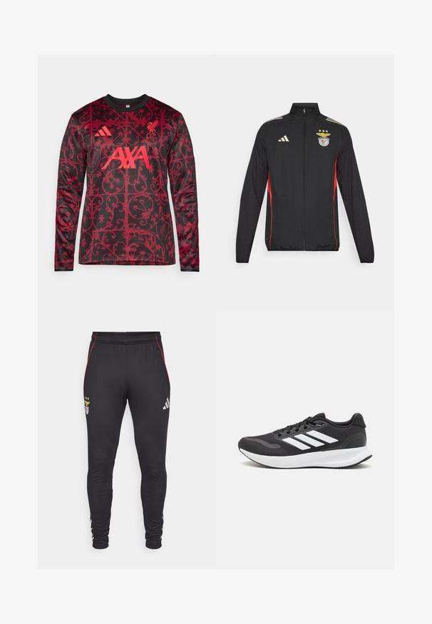 Sort atletisk jakke med røde accenter, fuld lynlås, høj krave, tre hvide striber på skuldrene og Benfica-crest med stjerner.; adidas Performance LIVERPOOL FC 25/26 PRE MATCH WARM TOP - Klub merchandise - black/pure ruby; Sorte træningsbukser med røde sidelommer, der har et logo og tre stjerner foran. Lavet af et blødt, strækbart materiale.; Sort atletik sko med åndbart mesh-overdel, hvide accenter og en polstret sål. Har tre-stripes logo på siden.