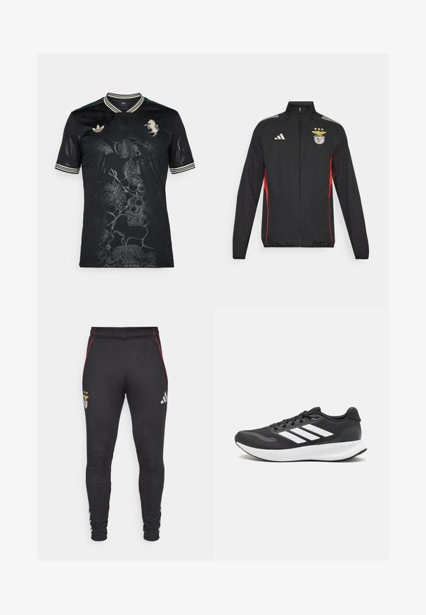 Black athletic jacket with red accents, full zip, high collar, three white stripes on shoulders, and Benfica crest with stars.; Black short-sleeve jersey with embossed grapevine pattern, green and white striped collar, and gold Adidas logo on the left chest.; Black athletic pants with red side stripes, featuring a logo and three stars on the front. Made from a soft, stretchy material.; Black athletic shoe with breathable mesh upper, white accents, and a cushioned sole. Features three stripes logo on the side.