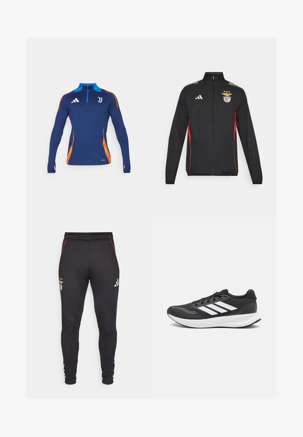 Svart treningsjakke med røde detaljer, hel glidelås, høy krage, tre hvite striper på skuldrene, og Benfica-logo med stjerner.; adidas Performance JUVENTUS TIRO24 COMPETITION - Klubbklær - team navy blue; Sorte treningsbukser med røde sidestreker, med en logo og tre stjerner på framsiden. Laget av et mykt, elastisk materiale.; Svarte sportsko med pustende mesh-overdel, hvite detaljer og en polstret såle. Har tre striper-logo på siden.