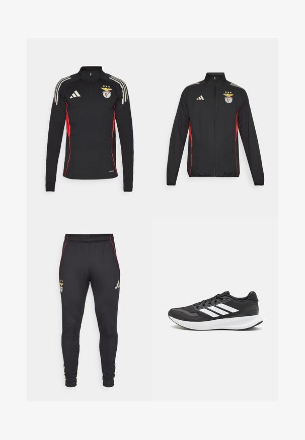 Crna atletska jakna s crvenim akcentima, puni patentni zatvarač, visoki ovratnik, tri bijele pruge na ramenima i grb Benfike sa zvjezdicama.; Crna sportska majica s dugim rukavima i crvenim bočnim detaljima, ovratnik s pola zipa, tri bijele pruge na ramenima i izvezeni logo na prsima.; Crne atletske hlače s crvenim bočnim prugama, s logotipom i tri zvjezdice sprijeda. Izrađene su od mekog, rastezljivog materijala.; Crne atletske tenisice s prozračnom mrežicom na gornjem dijelu, bijelim akcentima i mekanim potplatom. Imaju logo s tri pruge sa strane.
