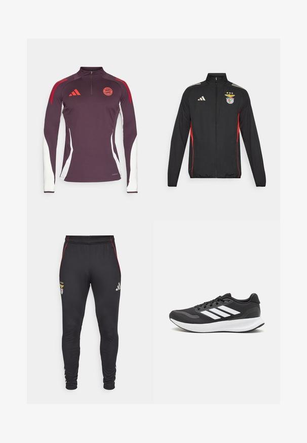 Schwarze Sportjacke mit roten Akzenten, Full-Zip, hoher Kragen, drei weiße Streifen auf den Schultern und Benfica-Wappen mit Sternen.; Langärmliges Trainingstop in Dunkelpurpur mit weißen seitlichen Einsätzen, roten Akzentstreifen und einem Viertelreißverschluss-Kragen; mit Adidas-Logo und Bayern München Abzeichen.; Schwarze Sporthosen mit roten Seitestreifen, mit einem Logo und drei Sternen auf der Vorderseite. Hergestellt aus einem weichen, dehnbaren Material.; Schwarzer Sportschuh mit atmungsaktivem Mesh-Obermaterial, weißen Akzenten und einer gepolsterten Sohle. Mit drei Streifen-Logo an der Seite.