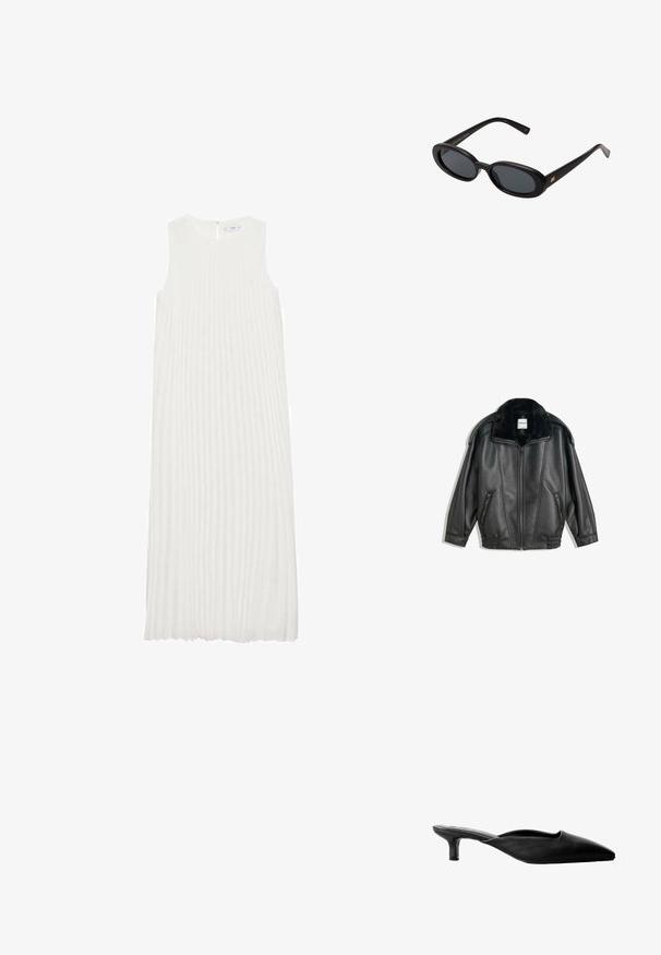 Musta nahkatakki, jossa on tekoturkishaara, vetskari edessä, kaksi sivutaskua, ribbikujat ja rento leikkaus. Sileä pinta, minimaalinen yksityiskohtaisuus.; Valkoinen hihaton mekko, jossa on pystysuorat laskokset, pyöreä kaula-aukko ja takana vetoketju. Pehmeä kangas ja virtaava muotoilu.; Mustat nahkaiset korkokenkä-mulet, joissa on terävä kärki, avoin takapuoli ja matala lohkokorko. Silkkinen tekstuuri yksinkertaisella muotoilulla.; Mustat ylisuuruiset aurinkolasit, jotka ovat soikeat linssit, sileä muovikehys ja kultaiset korostukset temppeleissä. Tummat linssit tarjoavat suojaa auringolta.; Musta nahkainen käsilaukku, jossa on sileä pinta, kultaiset yksityiskohdat ja hoikka muotoilu. Siinä on ohut hihna ja lukitseva klipsi ylhäällä.
