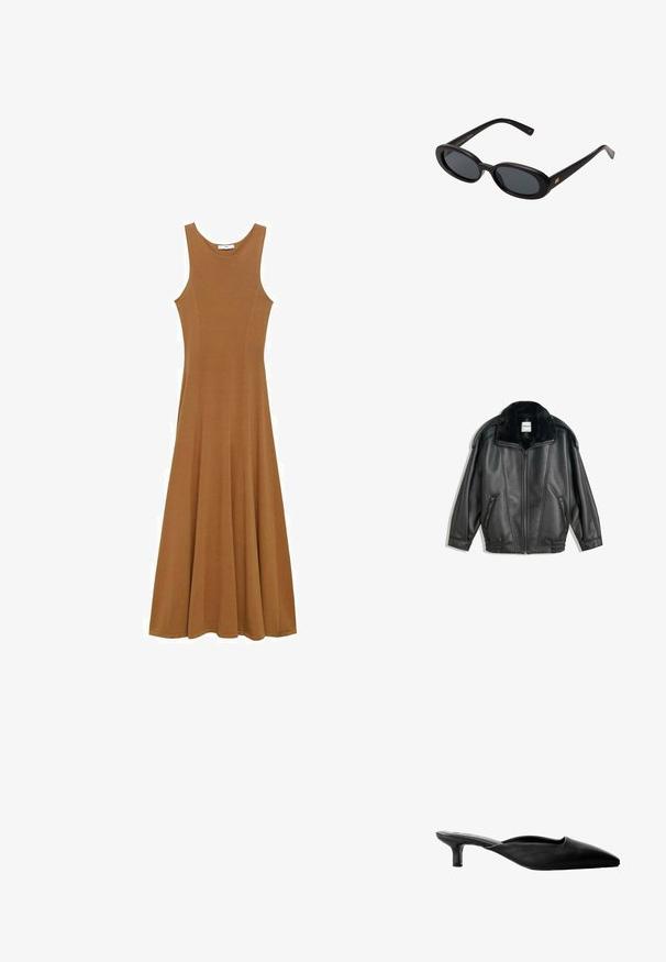 Čierna kožená bunda s umelým kožúškom na golieri, predným zipsom, dvoma bočnými vreckami, rebrovanými manžetami a voľným strihom. Hladký povrch, minimálne detaily.; Hnedé bezrukávové maxi šaty vyrobené z jemného materiálu, s priliehavým telom a rozšírenou sukňou. Jednoduchý dizajn bez viditeľných vzorov alebo akcentov.; Čierne kožené muly na podpätku s špicatou špičkou, otvorenou zadnou časťou a nízkym blokovým podpätkom. Hladká textura s minimalistickým dizajnom.; Čierne oversized slnečné okuliare s oválnymi šošovkami, hladkým plastovým rámom a zlatými akcentmi na straniciach. Tmavé šošovky poskytujú ochranu pred slnkom.; Čierna kožená kabelka s hladkou textúrou, zlatým kovovým doplnkom a štíhlym dizajnom. Obsahuje tenký popruh a zapínanie na hornej strane.