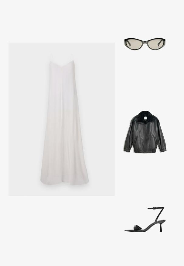 Musta nahkatakki, jossa on tekoturkishaara, vetskari edessä, kaksi sivutaskua, ribbikujat ja rento leikkaus. Sileä pinta, minimaalinen yksityiskohtaisuus.; Pitkä, valkoinen, hihaton mekko, joka on valmistettu kevyestä kankaasta. Siinä on V-pääntie, virtaava siluetti ja hienovarainen gradienttirakenne.; Bershka Korolliset sandaalit - black; Mustat kissakuvioiset aurinkolasit harmailla tummennetuilla linsseillä. Muovikehyksissä on terävät reunat ja sileä, kiiltävä pinta.