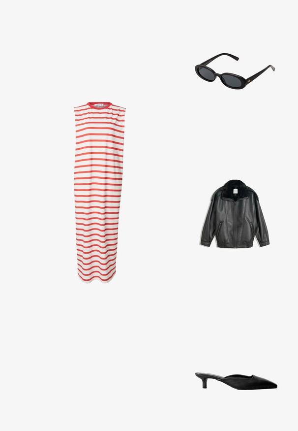 Zwarte leren jas met een nep-bont kraag, ritssluiting aan de voorkant, twee zijzakken, geribbelde manchetten en een ruime pasvorm. Vloeiende textuur, minimale details.; Mouwloze midi-jurk in het wit met rode horizontale strepen, gemaakt van zachte, ademende stof. Eenvoudige ronde halslijn, relaxte fit.; Zwarte leren hakmuiltjes met een spitse neus, open achterkant en een lage blokhak. Glad textuur met een minimalistisches ontwerp.; Zwarte oversized zonnebril met ovale lenzen, een glad plastic montuur en gouden accenten op de pootjes. Donkere lenzen bieden bescherming tegen de zon.; Zwarte leren handtas met een gladde textuur, gouden hardware en een slank ontwerp. Beschikt over een dunne schouderband en een haaksluiting aan de bovenkant.