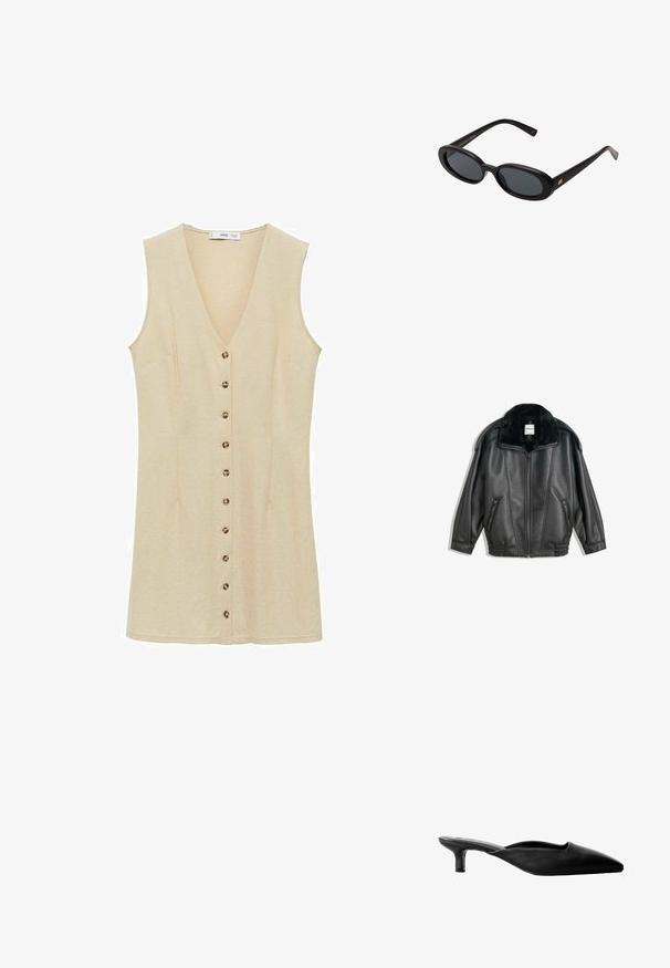 Čierna kožená bunda s umelým kožúškom na golieri, predným zipsom, dvoma bočnými vreckami, rebrovanými manžetami a voľným strihom. Hladký povrch, minimálne detaily.; Béžová tielko s výstrihom do V a radom šiestich gombíkov na prednej strane. Mäkká, textúrovaná látka s bočnými vreckami.; Čierne kožené muly na podpätku s špicatou špičkou, otvorenou zadnou časťou a nízkym blokovým podpätkom. Hladká textura s minimalistickým dizajnom.; Čierne oversized slnečné okuliare s oválnymi šošovkami, hladkým plastovým rámom a zlatými akcentmi na straniciach. Tmavé šošovky poskytujú ochranu pred slnkom.; Čierna kožená kabelka s hladkou textúrou, zlatým kovovým doplnkom a štíhlym dizajnom. Obsahuje tenký popruh a zapínanie na hornej strane.