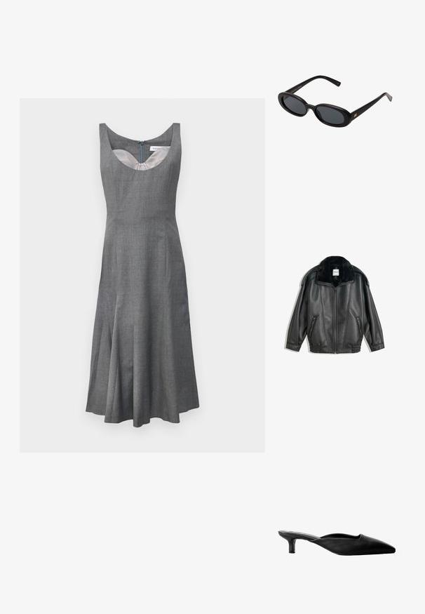 Čierna kožená bunda s umelým kožúškom na golieri, predným zipsom, dvoma bočnými vreckami, rebrovanými manžetami a voľným strihom. Hladký povrch, minimálne detaily.; Sivá bezrukávová šaty s okrúhlym výstrihom, rozšírenou sukňou a skrytým zipsom na chrbte. Vyrobené z textúrovaného materiálu s hladkou podšívkou.; Čierne kožené muly na podpätku s špicatou špičkou, otvorenou zadnou časťou a nízkym blokovým podpätkom. Hladká textura s minimalistickým dizajnom.; Čierne oversized slnečné okuliare s oválnymi šošovkami, hladkým plastovým rámom a zlatými akcentmi na straniciach. Tmavé šošovky poskytujú ochranu pred slnkom.; Čierna kožená kabelka s hladkou textúrou, zlatým kovovým doplnkom a štíhlym dizajnom. Obsahuje tenký popruh a zapínanie na hornej strane.