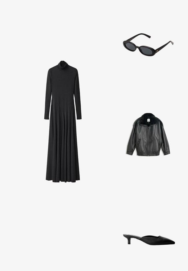 Sort læderjakke med krave af kunstpels, lynlås foran, to sidelommer, ribbede manchetter og en afslappet pasform. Glat tekstur, minimal detaljer.; Sort langærmet kjole med høj krave, lavet af glat stof, med en udvidet nederdel og plisserede detaljer fra taljen og ned.; Sorte læder hælede mules med spids tå, åben ryg og en lav blokhæl. Glat tekstur med minimalisk design.; Store store; Sort læderhåndtaske med en glat tekstur, guldhardware og et slankt design. Har en tynd rem og en lukning med spænde øverst.