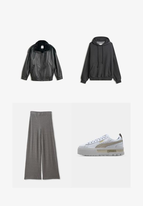 Veste en cuir noir avec un col en fausse fourrure, fermeture éclair à l'avant, deux poches latérales, poignets côtelés et coupe décontractée. Texture lisse, détails minimaux.; Un sweat à capuche gris foncé en tissu doux, doté d'une poche kangourou, d'une capuche avec cordon de serrage ajustable et de poignets et d'un ourlet côtelés.; Pantalons larges gris à côtes avec une taille haute élastique. Le tissu semble doux et texturé, offrant une coupe décontractée sur toute la longueur.; Baskets blanches avec une bande beige proéminente, une semelle épaisse grise et des accents dorés. Elles possèdent des lacets ronds et un rabat de langue texturé avec un logo.