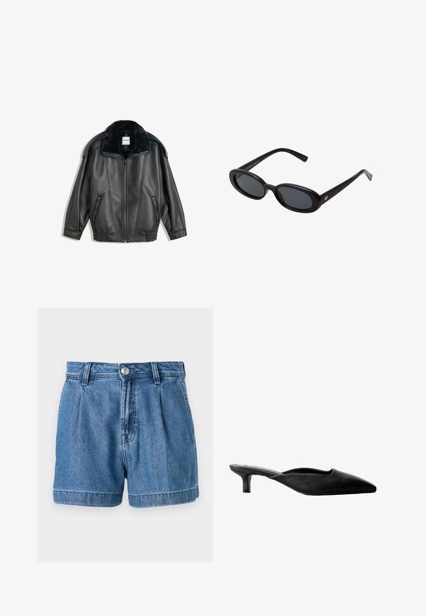 Giacca di pelle nera con colletto in pelliccia sintetica, chiusura con zip, due tasche laterali, polsini a costine e vestibilità comoda. Texture liscia, dettagli minimi.; Top rosso senza maniche con scollo drappeggiato, orlo asimmetrico e dettaglio a cravatta in vita. Realizzato in un tessuto leggero e trasparente.; Shorts in denim blu, con vita alta, fronte plissettato e risvolti. Il tessuto presenta una leggera texture e un classico design a cinque tasche.; Mule nere in pelle con tacco, punta appuntita, apertura sul retro e tacco basso a blocco. Texture liscia con design minimalista.; Occhiali da sole neri oversize con lenti ovali, montatura in plastica liscia e accenti dorati sulle tempie. Le lenti scure offrono protezione dal sole.; Borsa a mano in pelle nera con una finitura liscia, hardware dorato e un design snello. Presenta una tracolla sottile e una chiusura a lucchetto nella parte superiore.