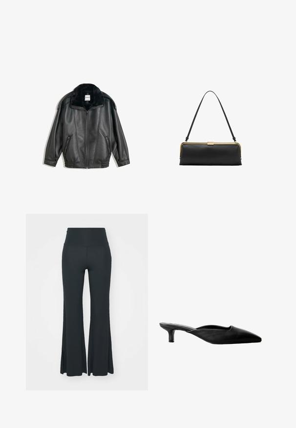 Black leather jacket with a faux fur collar, zip front, two side pockets, ribbed cuffs, and a relaxed fit. Smooth texture, minimal detailing.; Black camisole with thin adjustable straps, lace trim along the neckline, and a smooth satin texture. Simple and elegant design.; Yogasearcher JAIPUR FLARE PANTS - Tracksuit bottoms - forest; Black leather heeled mules with a pointed toe, open back, and a low block heel. Smooth texture with minimalistic design.; Black leather handbag with a smooth texture, gold hardware, and a slim design. Features a thin strap and a clasp closure at the top.