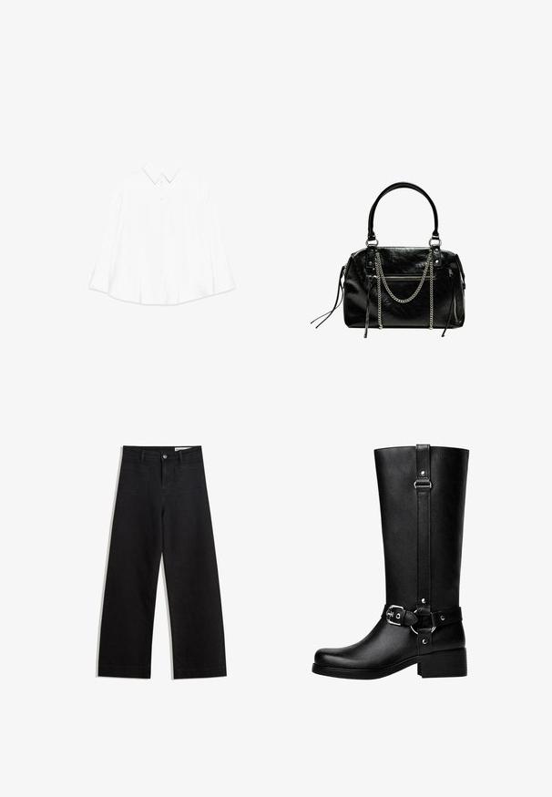 Sort læderjakke med krave af kunstpels, lynlås foran, to sidelommer, ribbede manchetter og en afslappet pasform. Glat tekstur, minimal detaljer.; Hvid langærmet skjorte med spids krave, knaplukning foran og en oversized, afslappet pasform. Tekstureret stof med minimal design.; Sorte wide-leg denim bukser med høj talje, der har front- og baglommer, syede sømme og en knaplukning. Glat tekstur.; Høje sorte faux læder støvler med rund tå, accentbælte-spænde detaljer og en kraftig hæl. Glat tekstur og lodret søm på skaftet.; Bershka WITH CHAIN - Håndtasker - black