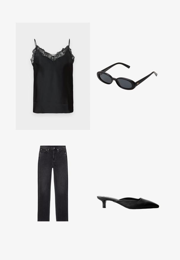 Schwarze Lederjacke mit einem Kunstfellkragen, Reißverschluss vorne, zwei seitlichen Taschen, gerippten Bündchen und einer lockeren Passform. Glatte Textur, minimale Details.; Schwarzes Top mit dünnen verstellbaren Trägern, Spitzenbordüre entlang des Ausschnitts und einer glatten Satin-Oberfläche. Einfaches und elegantes Design.; Schwarze Denim-Jeans mit geradem Bein, Fünf-Taschen-Design, Knopf- und Reißverschluss-Verschluss sowie einem Markenetikett auf der Gesäßtasche.; Schwarze Leder-High-Heels mit spitzer Zehenform, offenem Rückenteil und niedrigem Blockabsatz. Glatte Oberfläche mit minimalistischem Design.; Schwarze, oversized Sonnenbrillen mit ovalen Gläsern, glattem Kunststoffrahmen und goldenen Akzenten an den Bügeln. Die dunklen Gläser bieten Sonnenschutz.; Schwarze Lederhandtasche mit glatter Oberfläche, goldenen Beschlägen und schlankem Design. Verfügt über einen dünnen Tragegurt und einenverschluss oben.