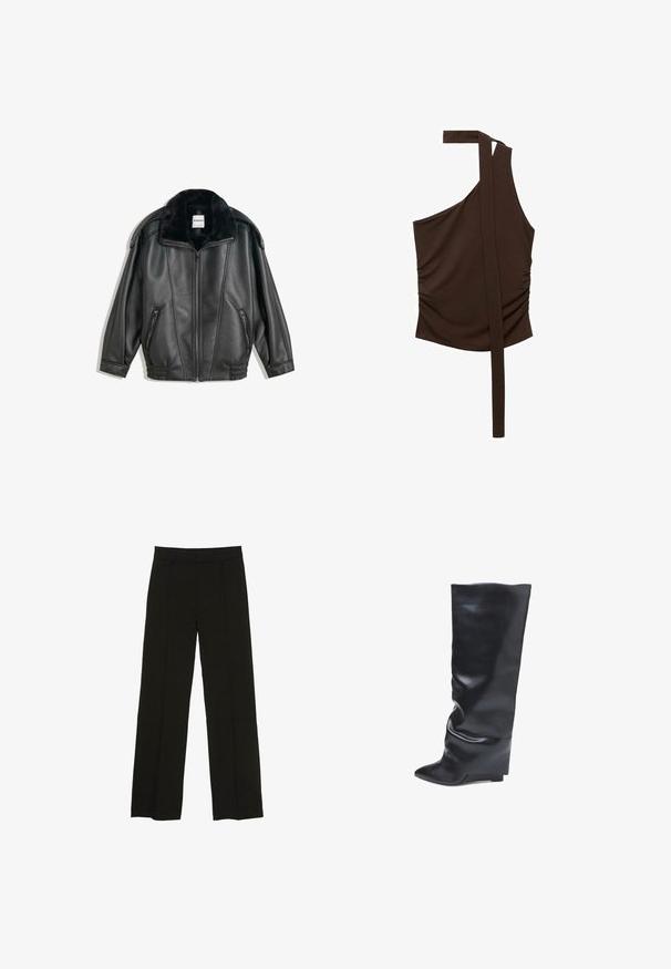 Crna kožna jakna s umjetnim krznom oko ovratnika, zatvorena na zip, s dva bočna džepa, rebrastim manžetama i opuštenim krojem. Glatka tekstura, minimalni detalji.; Smeđi top s jednim ramenom, izrađen od mekog materijala, s drapiranim dizajnom, bočnim nabiranjem i dugim remenom koji se proteže s ramena.; Crne široke hlače izrađene od glatkog materijala, s uskim pojasom i suptilnim prednjim naborima za dodatnu teksturu.; Bata Čizme s punim potplatom - nero
