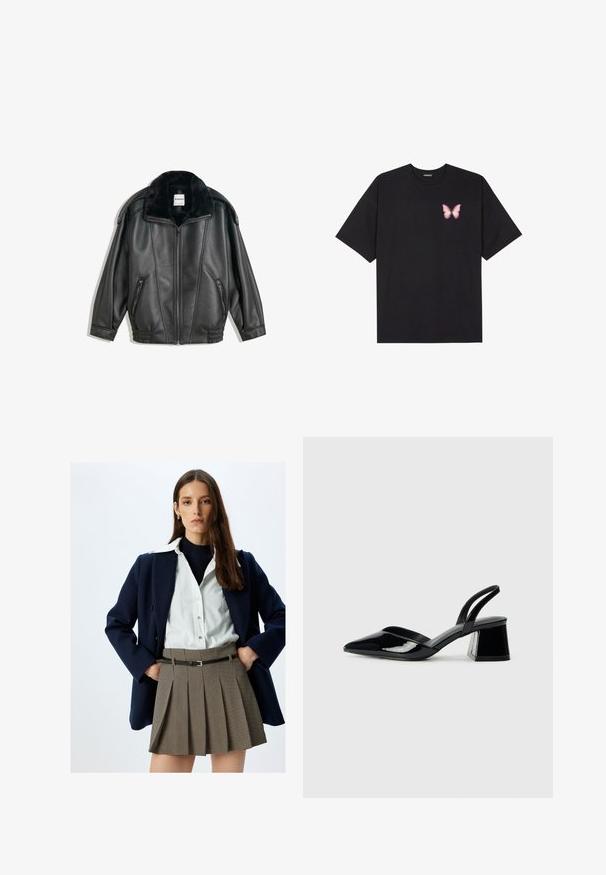Svart läderjacka med fuskpälskrage, dragkedja fram, två sidofickor, ribbade mudd och avslappnad passform. Slät textur, minimalistisk detaljering.; Svart bomullströja med korta ärmar, med en liten rosa fjärilsgrafik på vänster bröst. Rundad halsdesign med en avslappnad passform.; Mörkblå blazer, vit skjorta med knappar, svart polotröja och rutmönstrad plisserad kjol med ett svart bälte, som visar upp en strukturerad design och texturer.; Svarta lackläder slingback klackar med spetsig tå och geometrisk klack. Har en elegant, minimalistisk design och slät yta.