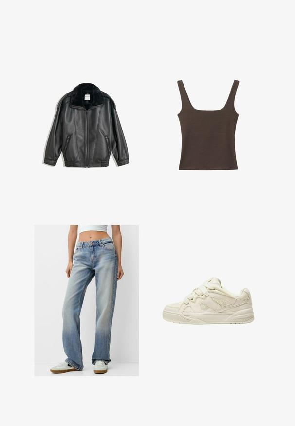 Sort læderjakke med krave af kunstpels, lynlås foran, to sidelommer, ribbede manchetter og en afslappet pasform. Glat tekstur, minimal detaljer.; Brun ærmeløs top med firkantet udskæring, lavet af blød, strækbar stof. Har et tætsiddende design og flade sømme.; Bredde jeans i lyseblå denim med en falmet finish, der har et standard fem-lomme design og en klassisk knaplukning.; Beige sneakers med en tekstureret overdel, fremtrædende snørebånd, mesh-paneler og en tyk sål. Kurvet design med en polstret krave for komfort.