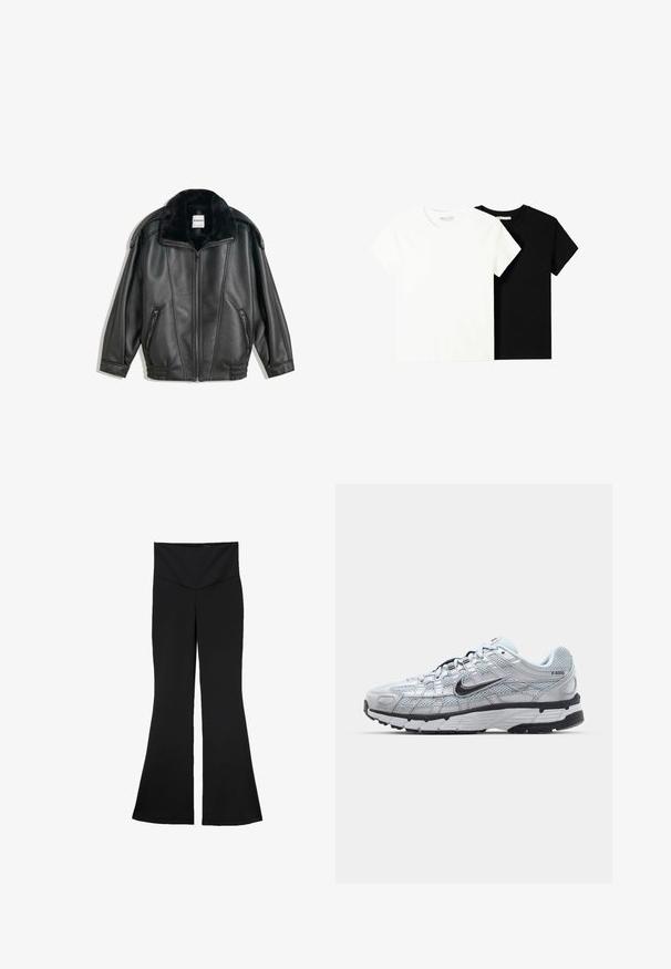 Black leather jacket with a faux fur collar, zip front, two side pockets, ribbed cuffs, and a relaxed fit. Smooth texture, minimal detailing.; Two short-sleeve t-shirts, one white and one black, made of cotton. Both feature a round neckline and a simple, classic design.; Black flared pants made of stretchy fabric with a wide waistband. The design features a smooth texture and a V-shaped front.; Nike P-6000 sneakers with a light grey mesh upper, black accents, and a durable black rubber sole. Features intricate design and lacing system.