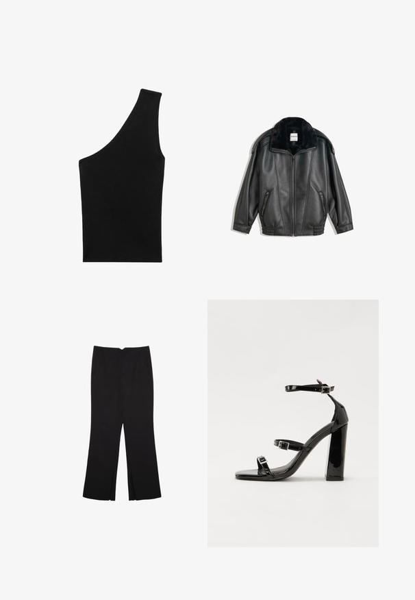 Giacca di pelle nera con colletto in pelliccia sintetica, chiusura con zip, due tasche laterali, polsini a costine e vestibilità comoda. Texture liscia, dettagli minimi.; Top nero a costine con una silhouette asimmetrica unica e una spallina singola. Texture liscia, senza hardware visibile o motivi.; Pantaloni neri a gamba dritta, con tasche frontali e spacchi laterali all'orlo. Realizzati in tessuto morbido e liscio. Adatti a diverse occasioni.; Sandali con tacco in vernice nera, con punta squadrata, cinturini alla caviglia e fibbie in argento. Presentano un tacco a blocco spesso per maggiore stabilità.