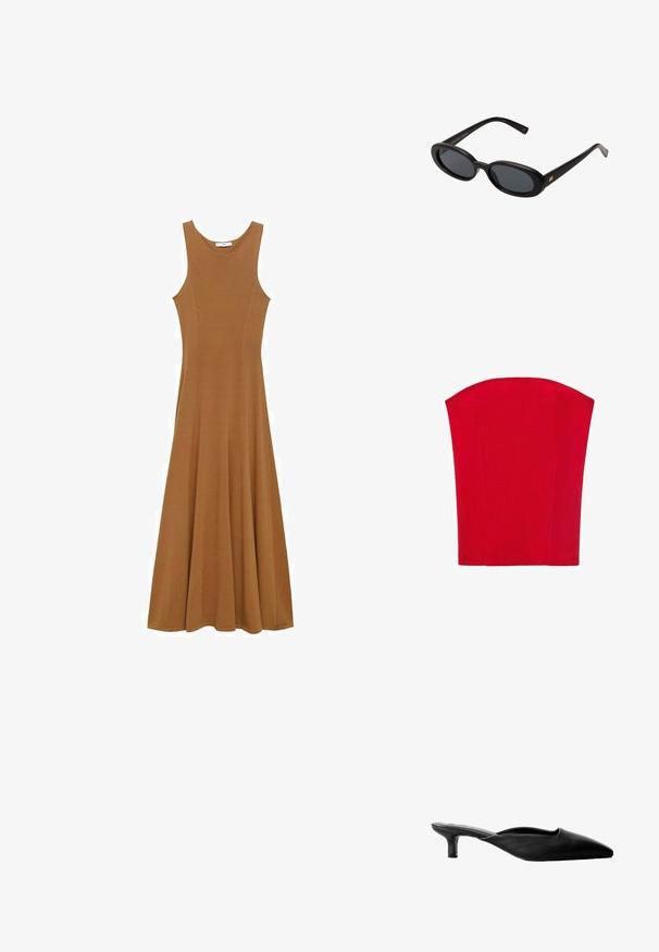 Black leather jacket with a faux fur collar, zip front, two side pockets, ribbed cuffs, and a relaxed fit. Smooth texture, minimal detailing.; Red strapless corset top made of ribbed material. Features a structured shape with straight edges. Smooth texture, no visible patterns.; Brown sleeveless maxi dress made of soft fabric, featuring a fitted bodice and flared skirt. Simple design with no visible patterns or accents.; Black leather heeled mules with a pointed toe, open back, and a low block heel. Smooth texture with minimalistic design.; Black oversized sunglasses with oval lenses, smooth plastic frame, and gold accents on temple. Dark lenses provide sun protection.; Black leather handbag with a smooth texture, gold hardware, and a slim design. Features a thin strap and a clasp closure at the top.